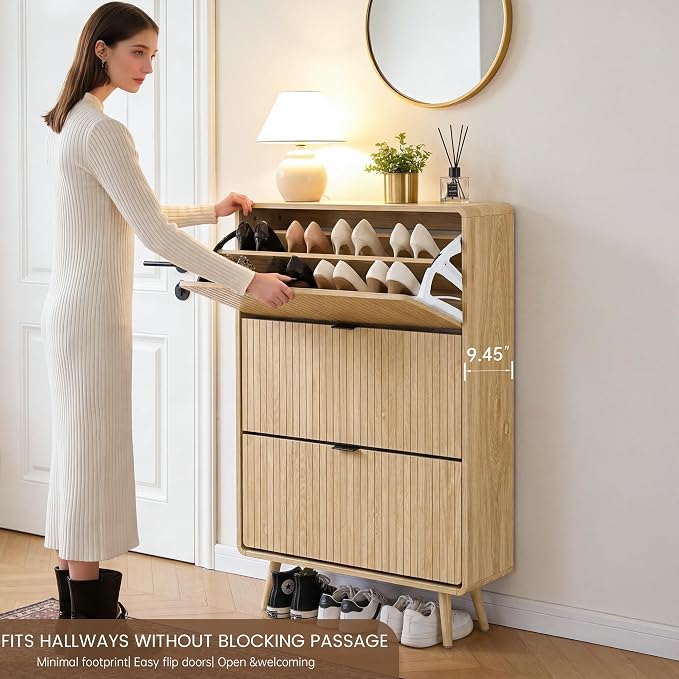 FurSch Fluted Shoe Storage Cabinet with 3 Flip Drawers, Narrow Shoe Rack Cabinet Organizer with Adjustable & Removable Shelves for Entryway (All Natural, 3 Drawers)