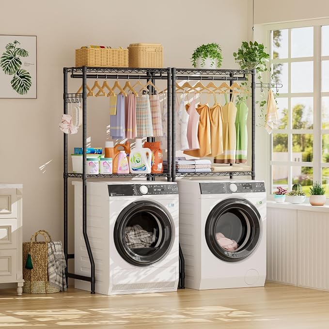 Golpart Laundry Organizer Shelves Over the Washer and Dryer Storage Shelf | Heavy Duty Laundry Room Organization Clothes Drying Rack Adjustable Height Wire Shelving and Wire Basket with Hanger Rod