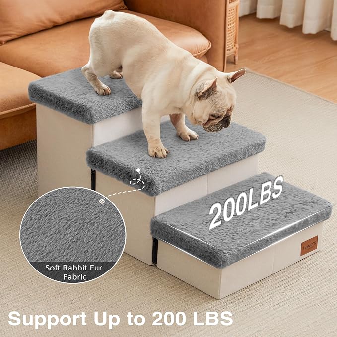 Love's cabin Dog Stairs for High Bed, Foldable Pet Stairs for Small Medium or Large Dogs Puppy with Storage for Bed or Couch, Cat Dog Steps Ramp with Zip up to 200 lbs, Grey, 3 Steps