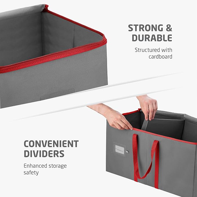 ZOBER Large Christmas Ornament Storage Box - Stores 128 3" Ornaments, With Dividers - Ornament Organizer Storage Box, Durable Christmas Containers Holder - Extra Pockets, Dual Zipper - Gray