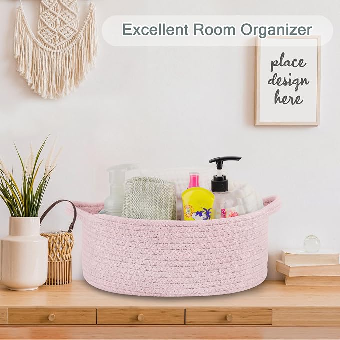 COMSE Empty Small Gift Basket with Bag & Ribbons, Light pink | Cotton Rope, 12"x 8"x 5", Baby Toy Organizer, Stores Small Items for Bedrooms, Nurseries, Bathrooms, Living Rooms, Offices