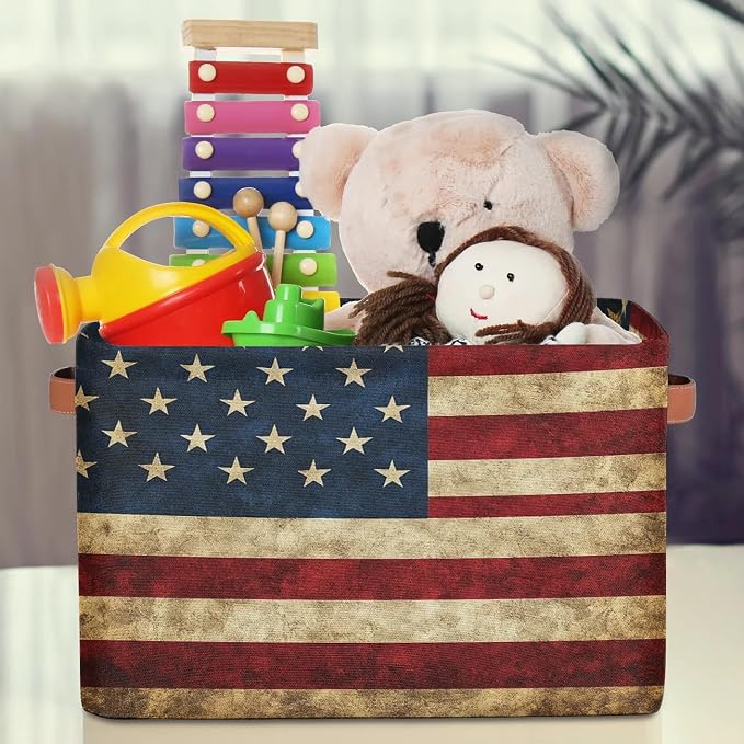 American USA Flag Storage Baskets with Handles Fabric Storage Boxes Collapsible Nursery Basket for Shelf Book Cloth 15 X 11 X 9.5 IN Closet Organizer Bins