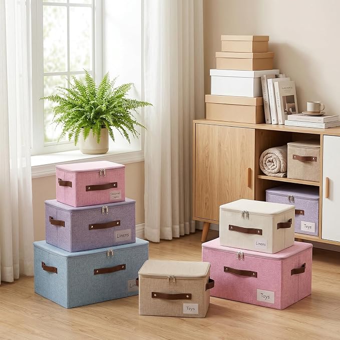 ANMINY Storage Box Fabric Bins with Zipper Lid, 17.7"x13.8"x10" Beige | Keepsake Box, Decorative, Cotton Linen, Reinforced PP Board Frame, Washable, Stackable & Foldable, Label Holder & PU Handles