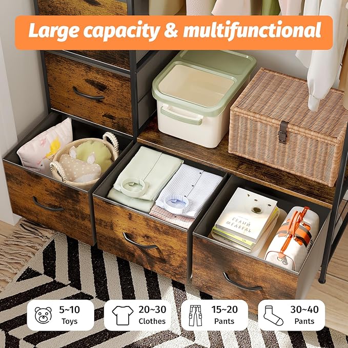Clothing Rack with 5 Fabric Drawers & LED, 39.4" W×57" H Dresser with Hanging Rack, Free Standing Wardrobe Closet with Shelves, Closet Organizer for Bedroom, Small Space, Apartment, Brown