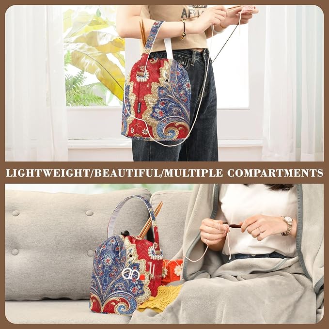 Tatenale Crochet Bag Yarn Bag Knitting Project Bag with Pockets and Handle Portable Yarn Storage Organizer Tangle Free 8.3x11 InchRed Vintage Paisley29