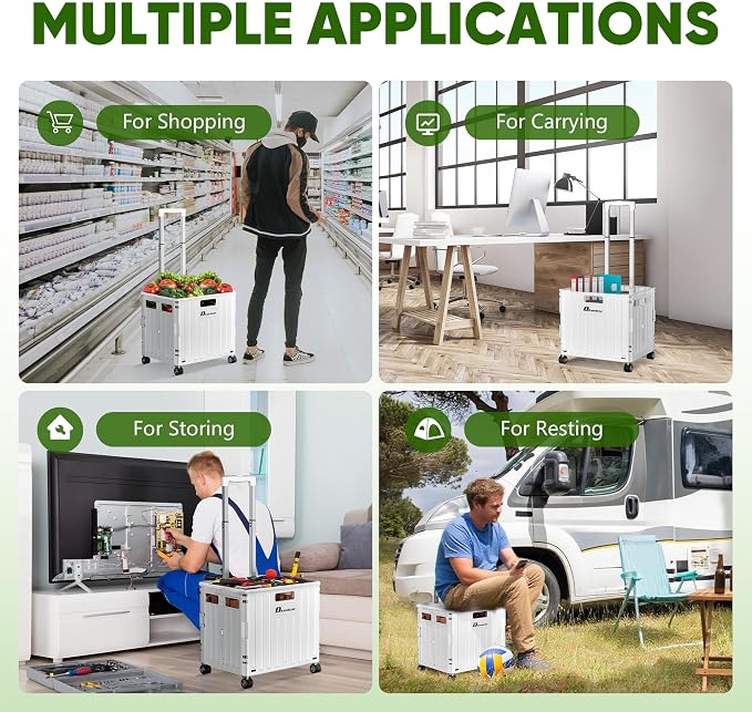 Folding Utility Cart, Portable Rolling Crate Handcart Collapsible Shopping Trolley with Lid, Foldable Tool Box Basket with 4 Rotate Wheels for Grocery, Office, Luggage, School - White