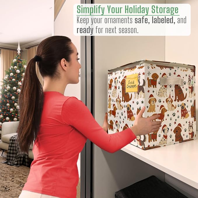 VENO 2 Pack Christmas Ornament Storage Box, Holiday Ornament Organizer with Adjustable Dividers, Sturdy Storage Containers for 64 Ornaments, Zippered Lid & Handles, 3" Cube (Holiday Pups)