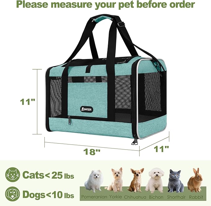 GAPZER Cat Carrier 18"x11"x11" TSA Approved Ventilated Pet Air Travel Cage | Top Open Small Animal Basic Crate, Shih Tzu Dog Softsided Durable Kennel, 4-Mesh-Side Kitty Carry on Case up to 20 lbs Teal