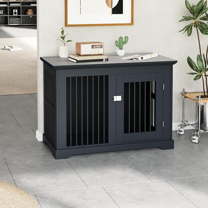 44" Wooden Dog Crate Furniture,Large Kennel Pet Cage End Table for Indoor | for XXL XL Medium Dogs, Grey, Fits Living Room Bedroom, Heavy Duty Steel Frame with Lock 100 lbs Cap, 100 lbs Top.