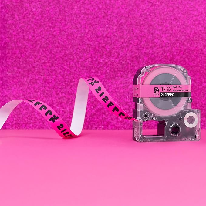 Epson LABELWORKS 212FPPX Tape - Black on Fluorescent Pink - 1/2" (12mm) | Genuine Epson designer craft PET tape for LW-C410PX & C610PX, decorative finish for crafts & decor