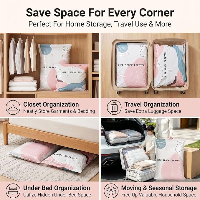 8PCS No Pump Vacuum Storage Bags, No Pump Large Vacuum Storage Compression Bags, Thick Airtight Reusable Organizer for Clothes Comforters Travel Moving Closet Storage (M)