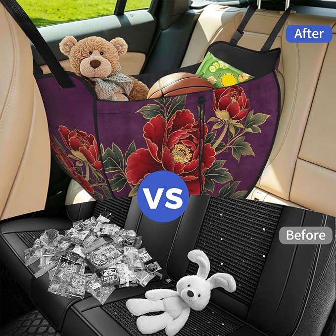 Dark Purple Flower Car Seat Organizer-Backseat Storage Bag for Travel | Waterproof Durable. Holds Snacks Gear Essentials. Fits Most Cars.
