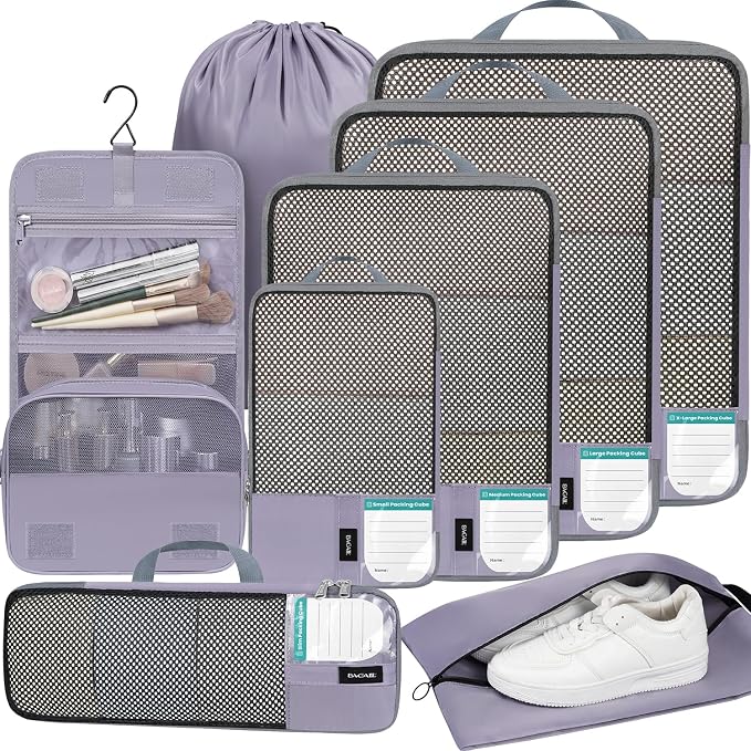BAGAIL 4 Set/6 Set/8 Set Compression Packing Cubes Travel Accessories Expandable Packing Organizers(HalfMesh,8-Dusty Purple)