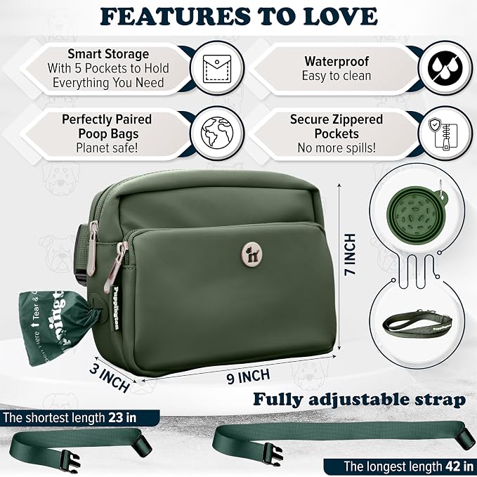 Puppington 3-in-1 Crossbody Dog Treat Pouch for Pet Training - Compostable Poop Bags, Built-In Poop Bag Dispenser, Slow-Feeding Travel Dog Bowl & Reflective Leash - Dog Walking Bag (Basil Green)