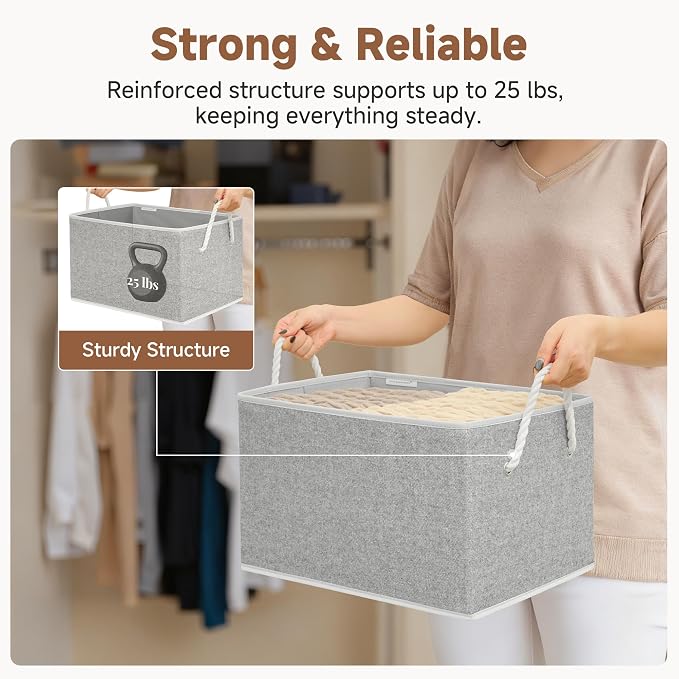StorageWorks Storage Bins with Rope Handles, Gray, Extra Large, 3-Pack | Fabric Storage Bins for Shelves, Storage Baskets for Closet Organization, Organizer Bins for Clothes Storage