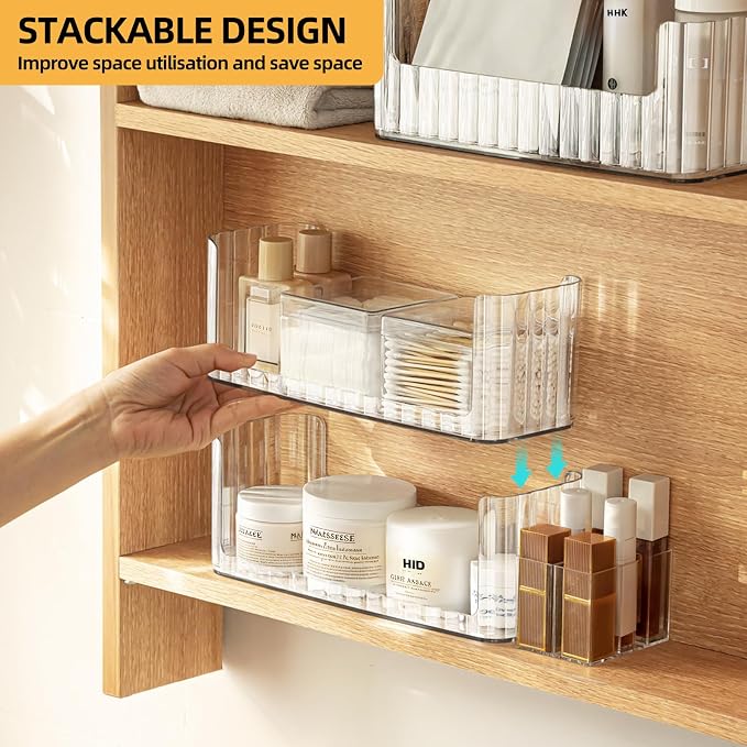 PAVSTINE 2-Tier Stackable Medicine Cabinet Organizer, Narrow Bathroom Makeup Organizer with Lipstick Holders & Cotton Swab Cases, Clear Countertop Shelf for Mirror Cabinet and Vanity