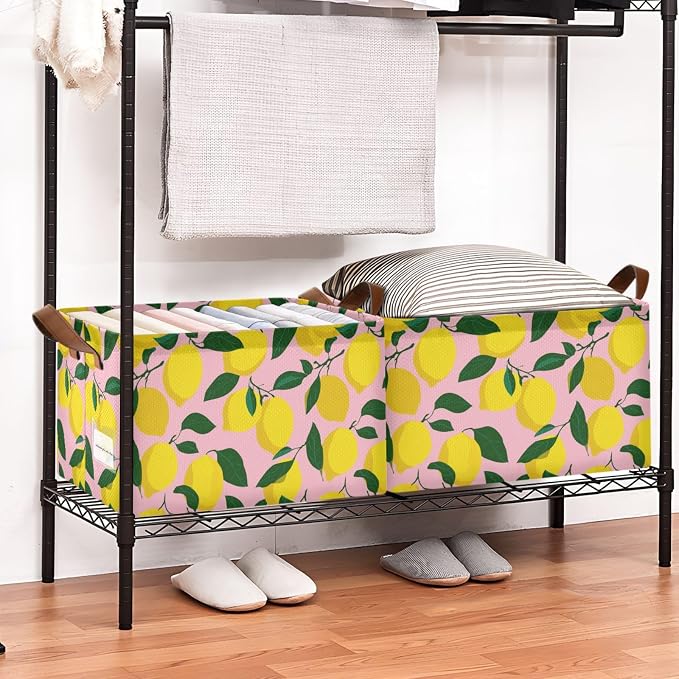 Light Pink Bg Yellow Lemon Storage Basket Foldable Cube Storage Bins with Handles&Label Waterproof Collapsible Organizer Box Bin Large Rectangle Decorative Baskets for Shelves Home Room Laundry
