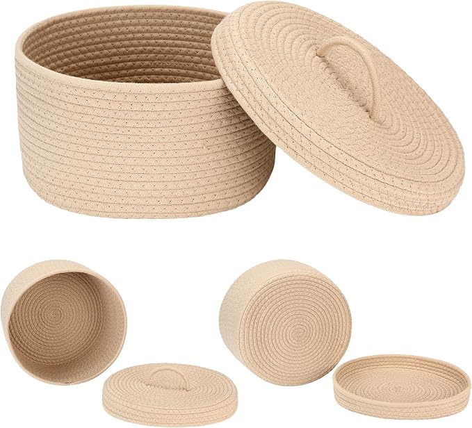 Sea Team Round Storage Basket, Woven Cotton Rope Basket with Lid, Khaki | Decorative Knitted Storage Bin, Multi-Purpose Lidded Organizer for Closet Shelves, Nursery and Household Storage