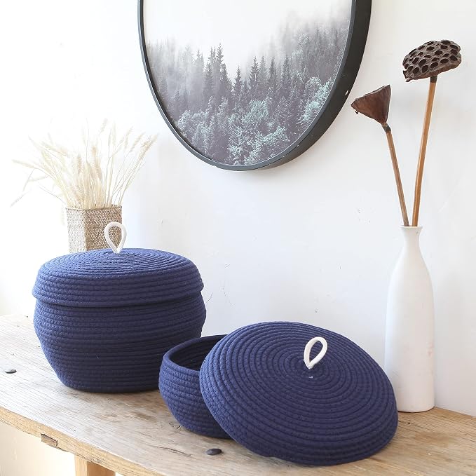 Sea Team Round Woven Cotton Rope Storage Basket with Lid, Navy | Lidded Knitted Decorative Storage Bin, Pot, Caddy, Organizer, Container for Snacks, Towels, Plants, 13 x 5.5 Inches