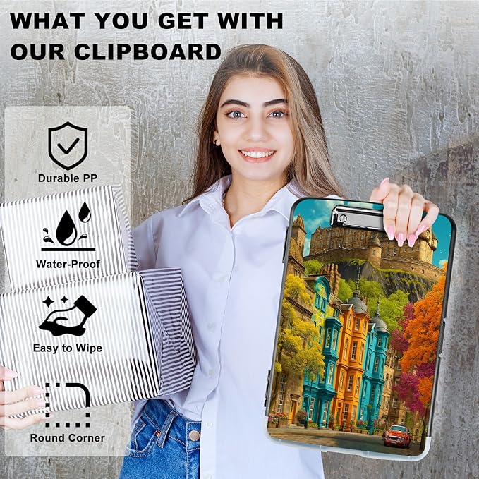 A4 Clipboard with Storage Pen Holder, Clipboards Organizer Nursing Clipboard Foldable File Folder Plastic Clipboard Folio Clip Board for Office Work Classroom Doctor, Castle Maple Tree
