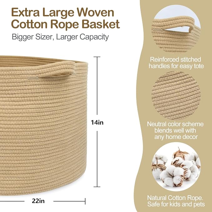 Extra Large Storage Basket, 22" X 22" X 14" Stuffed Animal Basket for Living Room Kids Room, Soft Cotton Rope Bin With Handle, Throw Blanket Storage, Stuffed Animal Toy Organizer Box