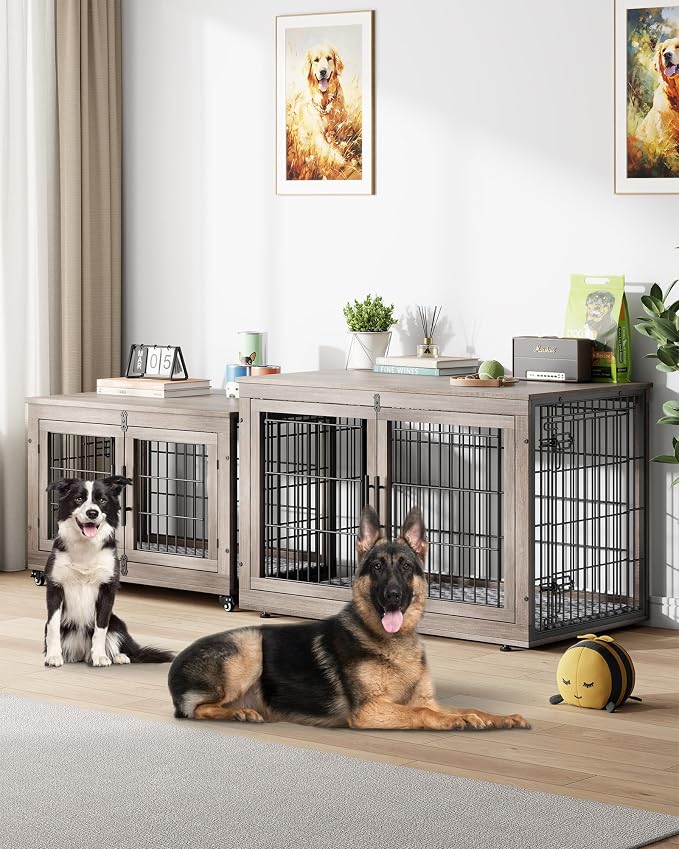 YaFiti Dog Crate Furniture, 44" Wooden Indoor Dog Kennel, Grey | Cushion, Wheels, Double Doors, for Large Dogs, Up to 85 lb, Furniture Style, Side End Table, Decorative Pet Cage House