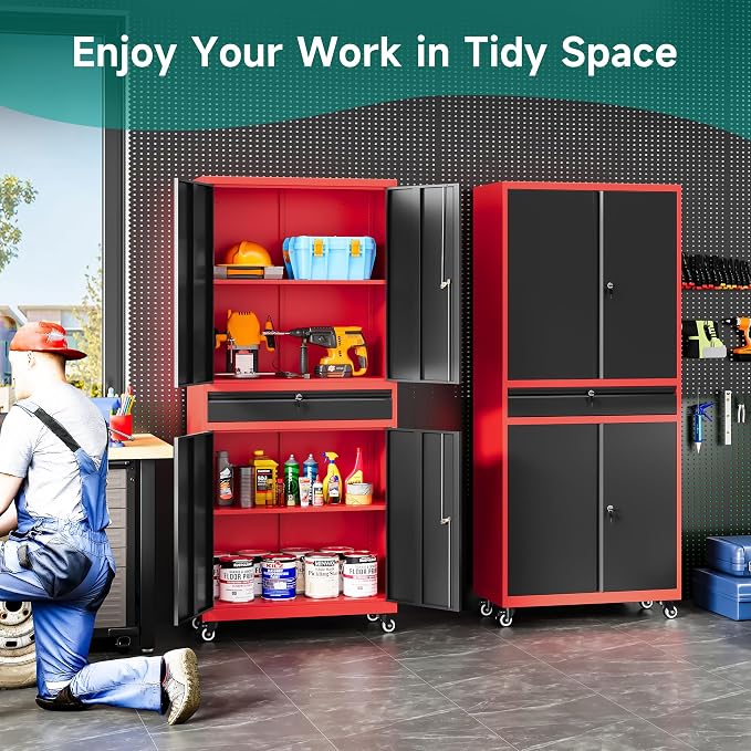Metal Storage Cabinet with Wheels and Drawer,Rolling Garage Storage Cabinet with Lock,Black Red Metal Cabinets with Wheel,73" Mobile Tall Tool Cabinets on Wheel for Home,Office,Garage,Shop