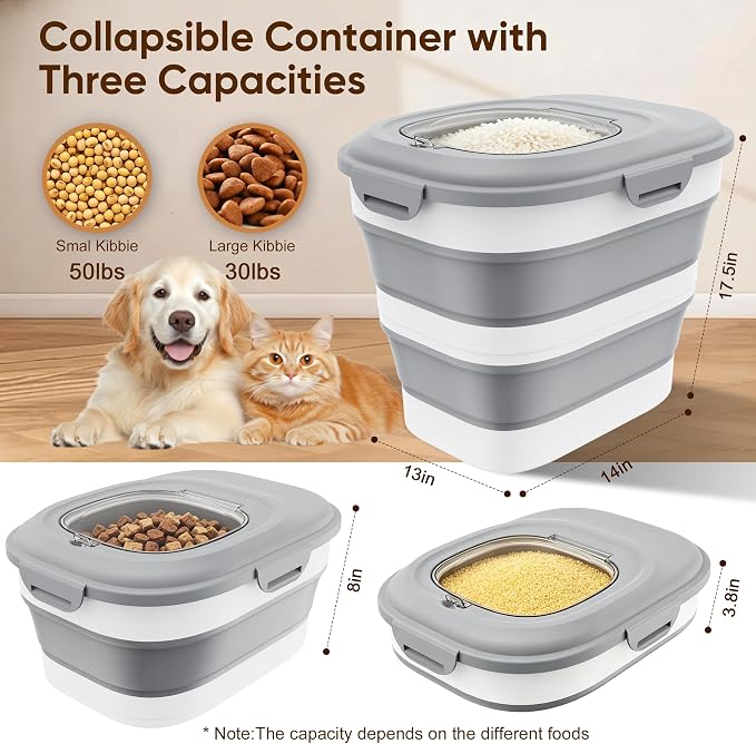 Rice Storage Container, 20 to 50Lbs Collapsible Airtight Rice Container, 30 Lbs Dog Food Storage Container with Wheels, Cup and Scoop, Food Dispenser Bin for Flour, Cereal, Flour, Cat, Bird, Pet