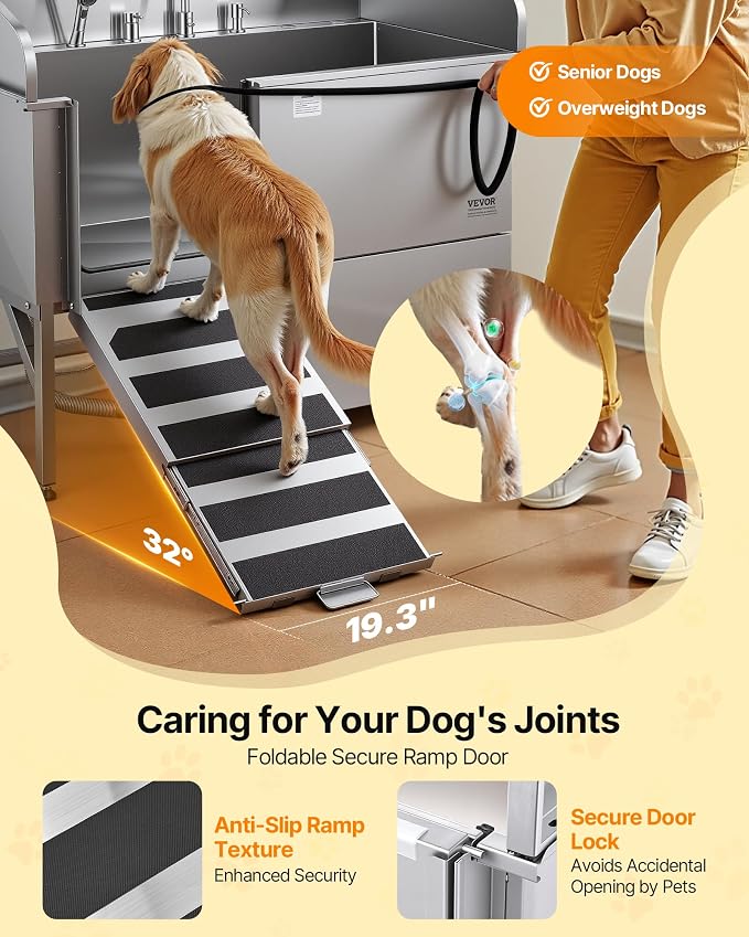 VEVOR Professional 304 Stainless Steel Dog Bathing Station, 61 inch Pet Grooming Tub w/Anti-Slip ramp, Storage Drawer, Cold Hot Faucet Showerhead, for Large & Medium & Small (Left Door, with Drawer)