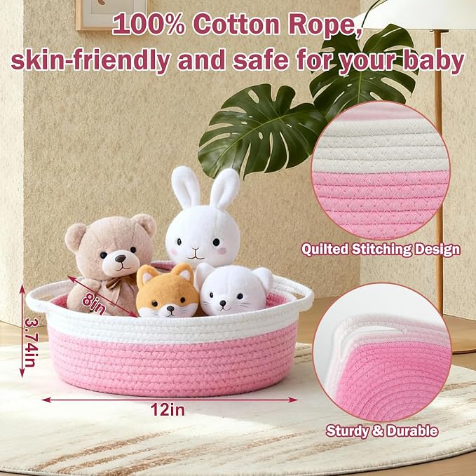 Basket for Gifts Empty, Small Woven Basket with Bags and Ribbons, Baby Toy Baskets with Handles, Wicker Storage Bin for Baby Showers or Pet Toy (Pink, 1 Pack (12"x 8"x 3.74"))