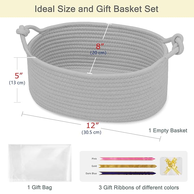 Small Empty Gift Basket with Bag & Ribbons, Cool Gray | 12“x8”x5”, Cotton Rope Woven Basket for Birthdays, Baby Showers, Mother's Day, Christmas; Stores Small Items, Kids & Pet Toys
