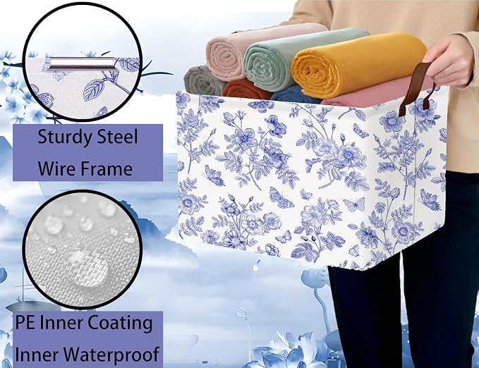 Large Blue Chinoiserie Willow Butterfly Decor Basket Collapsible Storage Bin (Floral)