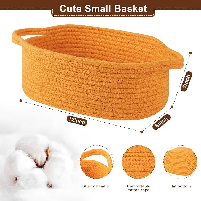 OIAHOMY Gift Basket with Handle, Small Woven Basket with Gift Bag, Ribbon and Wrap Tissue Paper, Nursery Bins Empty to Fill with Small Items, Baby, Pet Toy Organizer - Orange