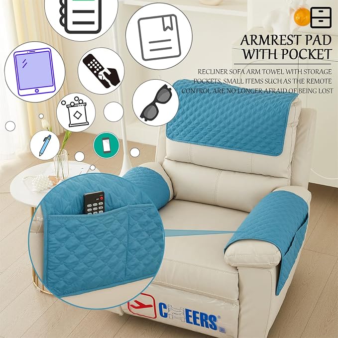 Water-Resistant Sofa Armrest and Headrest Covers, 2 Pockets | Quilted polyester helps shield recliners, loveseats and sofas from daily wear; silicone backing and fasteners improve grip