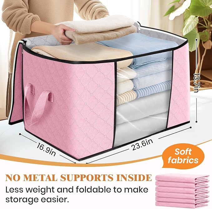 90L Clothes Storage, Foldable Thick Fabric Blanket Storage Bags | Foldable Containers with Zippers,Window and Handles for Organizing Bedroom, Closet, Comforter, Bedding,Dorm essentials