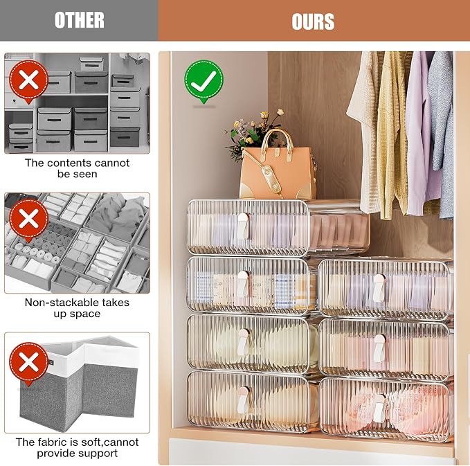 Underwear Drawer Organizer - Stackable Bra Organizer for Closet, 1 Cell Clear Acrylic Bra Storage Box, Closet Organizers and Storage for Lingerie, Undergarment, Baby Clothes, Scarf