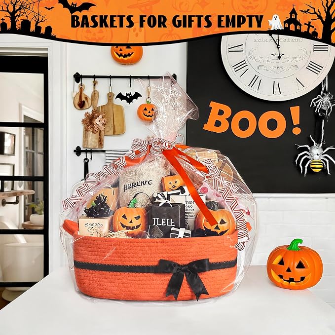 CHICVITA Small Storage Basket for Gifts, 13"x 10"x 5" Cute Woven Rope Gift Basket for Halloween, Baby Nursery Storage Baskets with Handles for Towels, Toys, Orange