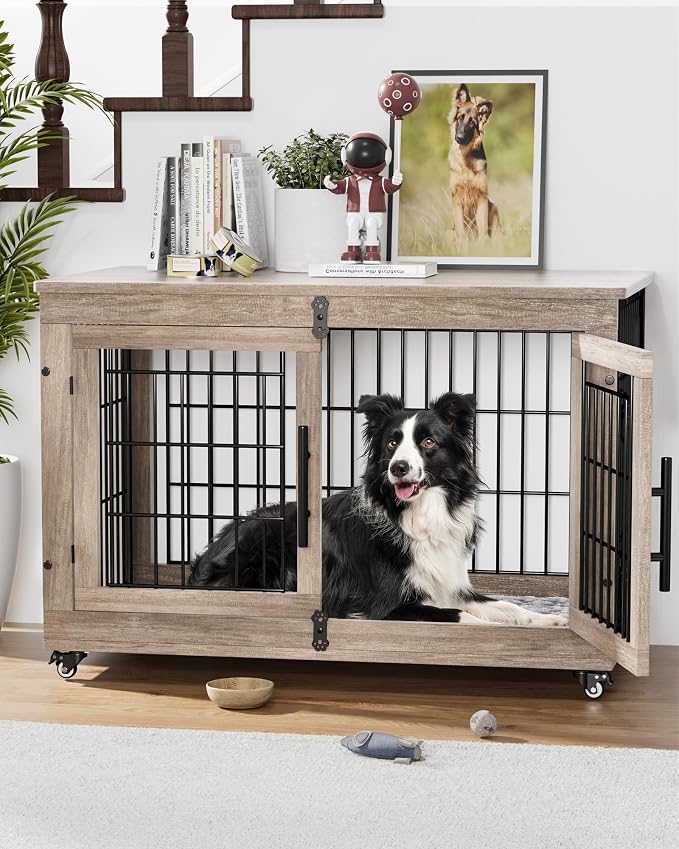 YaFiti Dog Crate Furniture, 38.5" Wooden Indoor Dog Kennel, Grey | Cushion, Wheels, Double Doors, for Large/Medium Dogs, Up to 70 lb, Furniture Style, Side End Table, Decorative Pet Cage House