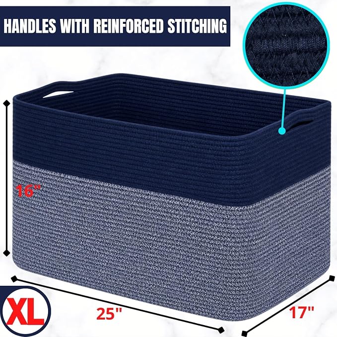 112L Extra Large Blanket Basket Holder Living Room, 25"x17"x16" Rectangle Rope Woven Storage Basket with Handles for Laundry, Towels, Shoes, Dog Toy Organizer Bin Box, Navy Blue