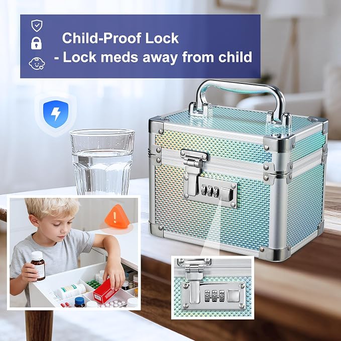 Lockable Medicine Storage Box - Shiny Turquoise Cabinet Med Lock Organizer, 7 * 5.25 * 5.75 Inches Safe Case with Combination Lock for Home, Dorm, Office, or Travel - Mini Size