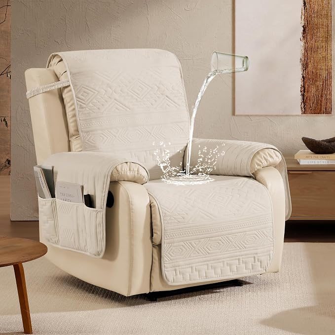 Boho Beige Quilted Recliner Covers, Water-Repellent Recliner Slipcovers, Lazy Boy Chair Covers, Pet Friendly Recliner Cover for Dogs Cats, Washable Furniture Protector (Recliner 22", Beige)