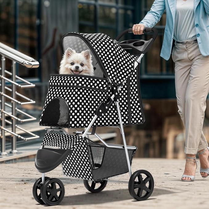 Magshion 3-Wheel Pet Stroller for Small/Medium Dogs & Cats, Up to 33lbs | Foldable Travel Jogger w/ Breathable Mesh Cover, Lightweight Design, Safety Tethers, Cup Holder & Storage Basket