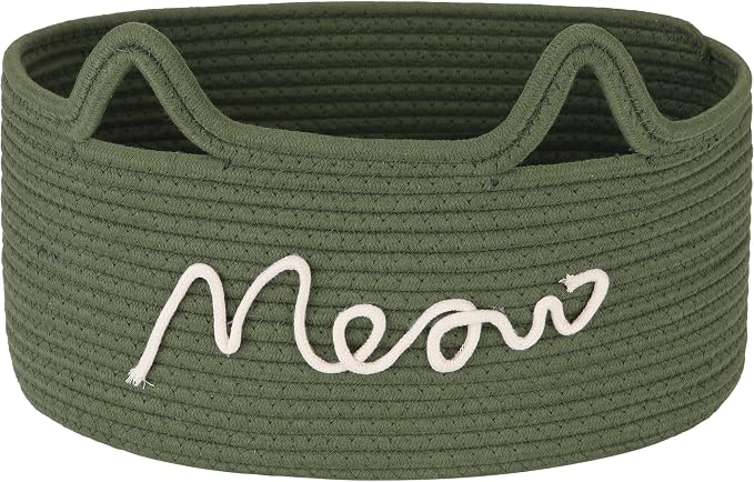 Sea Team Cat Toy Storage Basket with Handles and Ears, Green Meow | Large Cotton Rope Storage Bin, Shelf Basket, Organizer for Pet Chew Toys, Foods, 16.5 x 11 x 7 Inches, 4.4 Gallons