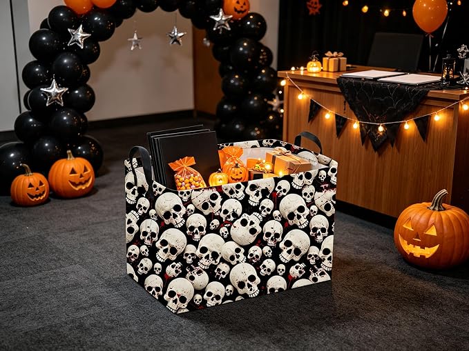 Sanjiaofeng Rectangular Gothic Skull Halloween Storage Basket,Empty Halloween Basket.Cute Baskets for Room Decor, Pumpkin Baskets with Handles.Books Bins,Gifts Box(Skull)