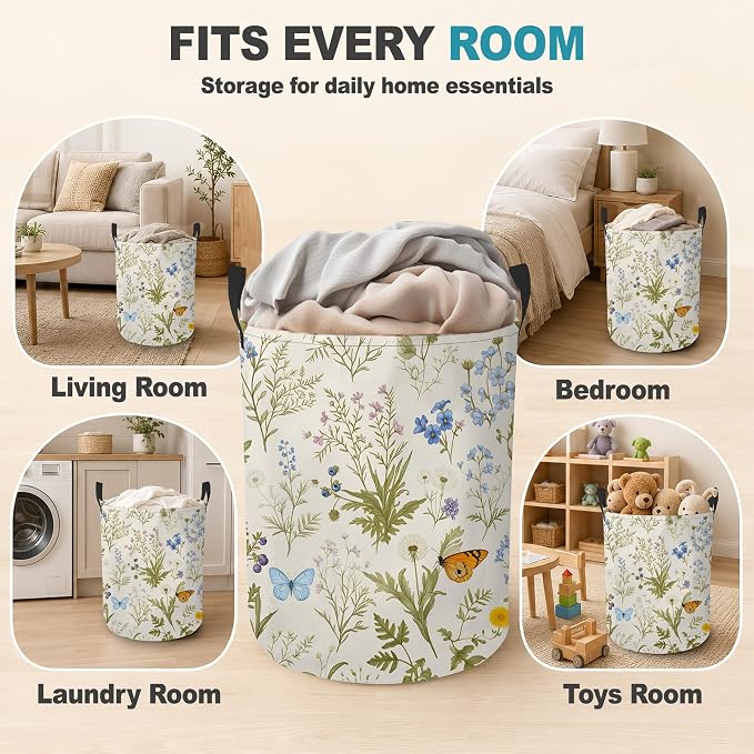 Wildflower Botanical Portable Laundry Hamper,Butterfly Flowers Collapsible Clothes Basket with Handles,Waterproof Oxford Cloth Organizer for Dorm Bedroom Bathroom Nursery,16 x 20 Inch