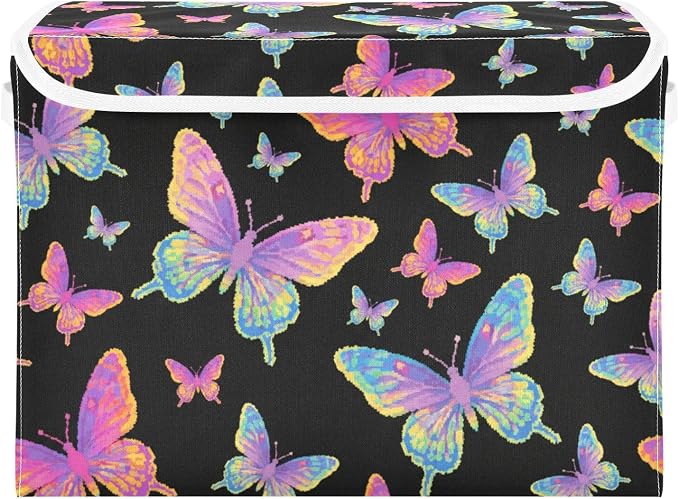 Butterfly Storage Bin Foldable Collapsible Fabric with Lid Handles 40L | Decorative Storage Boxes, 300D Oxford Cloth, Hollow Board Frame, Flip Top Velcro Lid, 16.5x12.6x11.8 inch, Collapsible Design