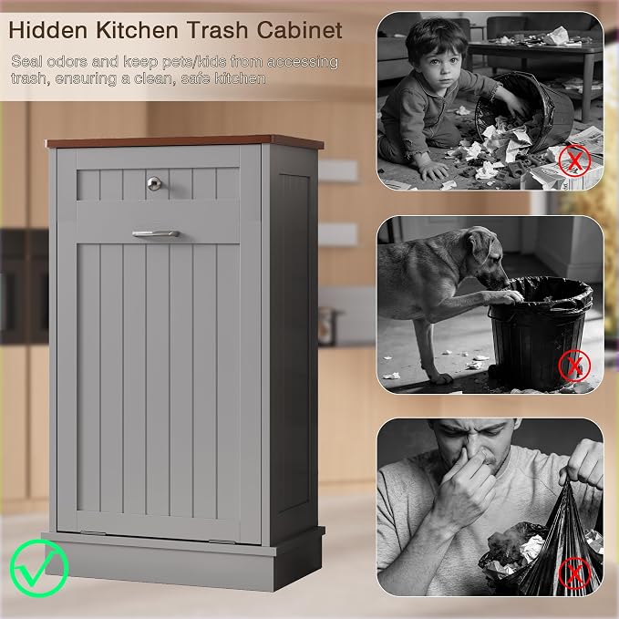 KIGOTY Tilt Out Trash Can Cabinet, Laundry Hamper Cabinet, Kitchen, Gray