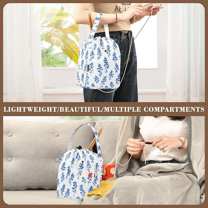 Tatenale Crochet Bag Yarn Bag Knitting Project Bag with Pockets and Handle Portable Yarn Storage Organizer Tangle Free 8.3x11 InchSmall Bluebonnet Flower26