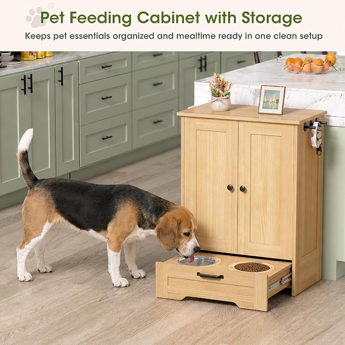 Dog Cabinet, Dog Feeding Station with Hidden Pull-Out Feeder, Oak | 5.9" Elevated Feeding Height, 2 Stainless Steel Bowls, Adjustable Shelf, 3 Side Hooks, Dog Food Storage Organizer
