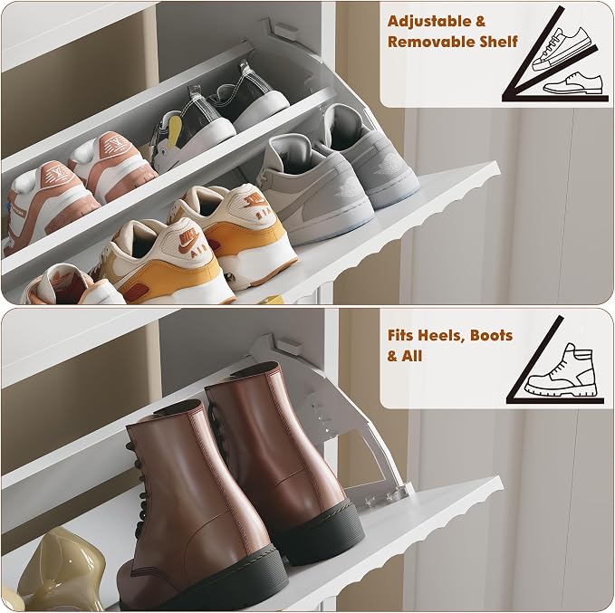 Shoe Storage Cabinet for Entryway with 2 Flip Drawers,Fluted Door | Shoe Organizer Cabinet with Adjustable & Removable Shelves,Narrow Shoe Cabinet for Foyer, Hallway, Living Room, 2 Hooks,White